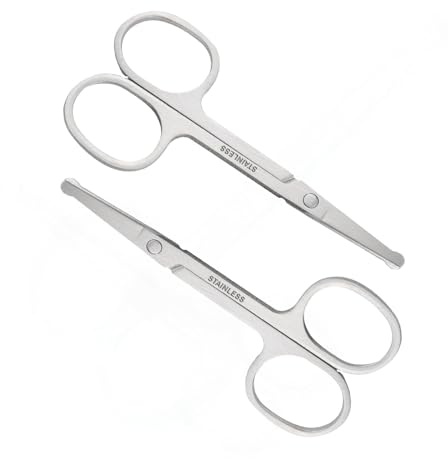 Trifletopia 2PCS Nose Hair Scissors - Moustache Scissors - Metal Grooming Scissor - Round Tip Safety Trimmer - Facial Hair Eyebrow Ear Beard Cutting Tool (Silver)