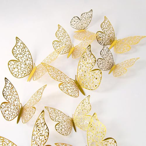 12 Stück 3D Schmetterling Wandaufkleber, Schmetterling Deko Wand Wandsticker, Gold Schmetterlinge Deko, Schmetterlinge Dekoration Wandtattoo, Wanddekoration für Zimmer, Party, Hochzeit