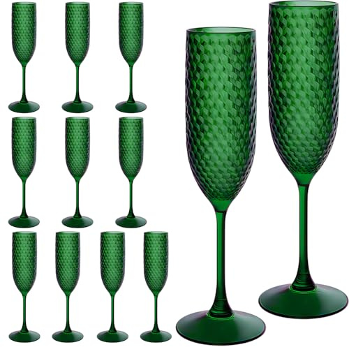 LEYIQU 24PCS Green Plastic Champagne Flutes 7oz,Unbreakable Champagne Glasses Bulk，Reusable Crystal Drinking Wine Glasses for Wedding,Chrismas,Party