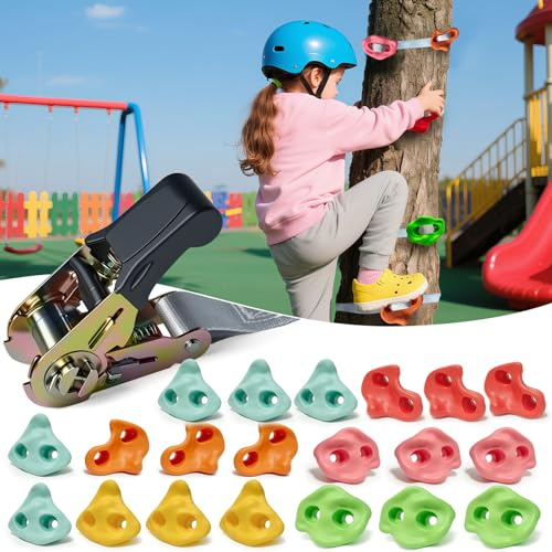SREHRLY 20 PCS Large Ninja Rock Climbing Holds for Kids,Tree Climbing Rock Wall Grips,Adult Rock Wall Holds Climbing Kit with 6 Ratchet Straps for Indoor Outdoor Climbing Holds(Pastel Color)