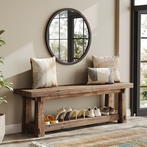TRIBEWOOD Garderobenbank Massivholz 140cm, Sitzbank Flur mit Schuhablage, Vintage Schuhbank Holz Rustikal, Belastbar bis 160kg, Bettbank für Schlafzimmer, Wohnzimmer, Einfache Montage