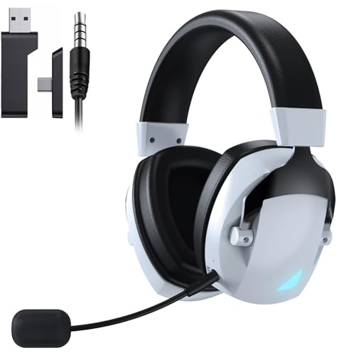 PUSOKEI Casques de Jeu sans Fil 2,4 GHz avec Micro Antibruit Amovible, écouteurs Bluetooth 5.4 avec Latence Très Faible, Son Surround 7.1, Lumière RVB (Noir et Blanc)