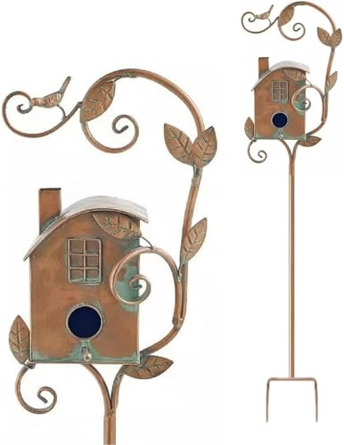 Vogelhaus-Pfähle, Metall-Vogelhaus mit Stangenpfähle, Distressed Metall-Vogelhaus-Ständer für den Außenbereich, Gartendekoration, Outdoor-Metall-Vogelhaus-Pfahl, Vogelhäuser (Farbe-D)