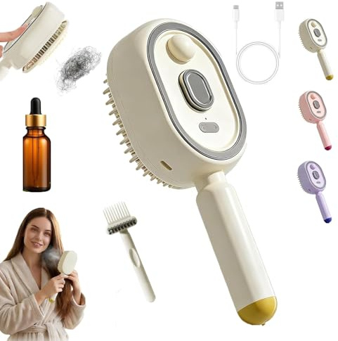 Spazzola A Vapore Elettrica,piastra per capelli a vapore ricaricabile con spray,pettine districante antistatico 3 in 1 e massaggio con cuscino d'aria, strumento senza fili per lisciare lo (Bianco)