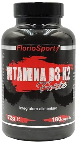 VITAMINA D3 + K2 FORTE, 180 cps. (6 mesi) FlorioSport, Vit D 2000UI + 200μg di Menachinone MK-7, Vitamina K. Per il Sistema Immunitario e per le Ossa.