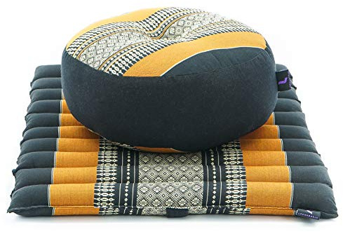 Leewadee set da meditazione: piccolo cuscino Zafu e tappetino Zabuton, kit tailandese per meditare in kapok, Nero Arancione