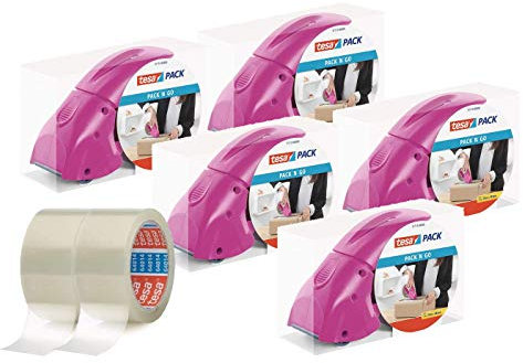 tesapack Abroller Pack' n' Go - Ergonomischer, pinker Handabroller für Paketbänder - Inklusive 50 m x 48 mm Klebeband (5 Abroller + 2 Rollen)