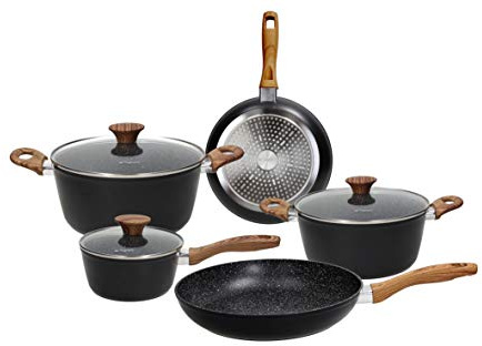 Tognana Premium Black, Batteria di pentole e padelle, Set con 2 padelle, 3 casseruole, 3 coperchi trasparenti, 8 Pezzi, Alluminio, Nero