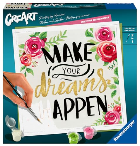 Ravensburger CreArt Make Your Dreams Happen - Malen nach Zahlen Erwachsene | DIY Malset mit Pinsel und Acrylfarben, 20 x 20 cm, Geschenk für Frauen und Männer