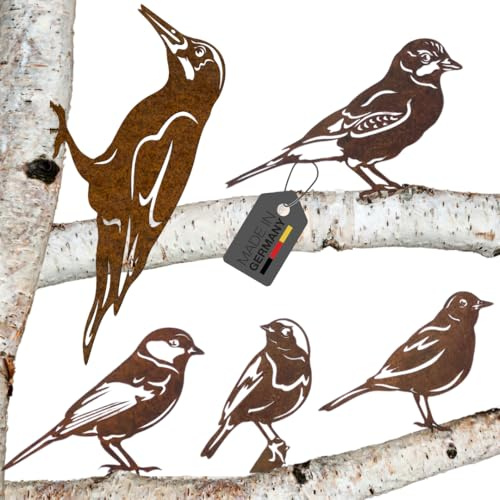 Terma Rost-Deko 5er Set Vögel aus Metall – 15–30 cm mit Schraube – Edelrost Gartendeko zum Anschrauben an Holz, Zaun oder Baum – Wetterfeste Gartenfiguren – Handgefertigt in Deutschland