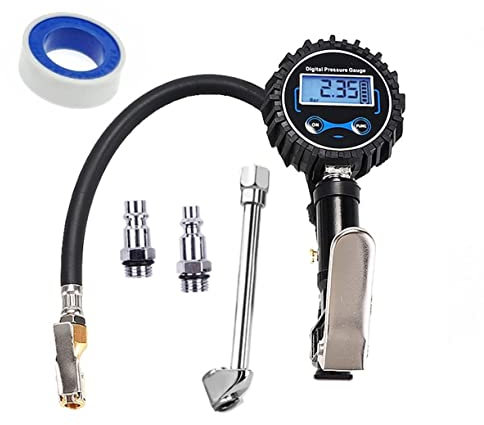 JZK Digital Tire Pressure Gauge with LCD Display, car Tire Pressure Tester 200PSI with Rubber Hose and Quick Connect Coupler, air compressor tyre inflator attachment