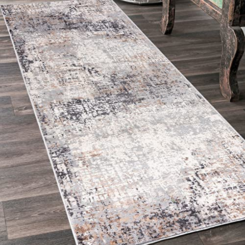 Mazovia Läufer Flur 100x300cm Creme Anthrazit Abstrakt Weich Pflegeleicht | Teppichläufer für Küche Waschküche Schlafzimmer Beige Fußbodenheizungsgeeignet Reinigungsmittelbeständig Verkauf pro Meter