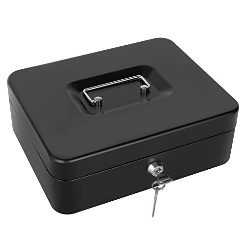 Cash Box with Key, Money Tin Box with Tray, Lockable Money Saving Box for Home, Office and Events, 25 * 18 * 9cm