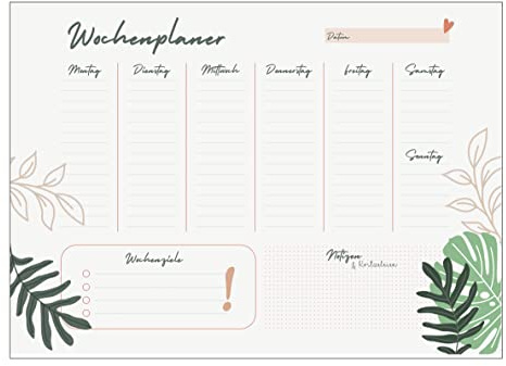 Wochenplaner A4 50 Blatt - Notizblock - Büro - TO DO Liste - Stundenplan - Wochenplan - Meal Planner Wochenkalender Planung