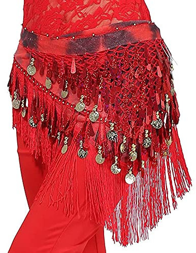 ACiyD Schal für Bauchtänzerin, Bauchtanz, Kleidung, Zubehör, Quaste, Wickel, dehnbar, Mesh-Basis, Damen, Bauchtanz, Gürtel, Fransen, Hüfttuch, 152 (Rot)