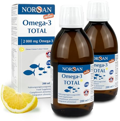 NORSAN Premium TOTAL Zitrone Omega 3 Öl - 2.000 mg Omega 3-2x 200ml | 1.040 mg EPA & 600 mg DHA pro Portion - 800 IE Vitamin D3 - Fischöl aus nachhaltigem Wildfang - gereinigt von Schadstoffen