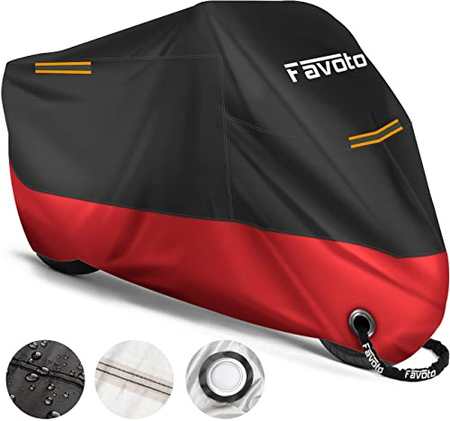 Favoto Telo Coprimoto 210D Teli per Moto Scooter Impermeabile Resistente ad Acqua/Polvere/Pioggia/Vento/Foglie, Copertura Motociclo, 220x105x125cm (Nero Rosso)