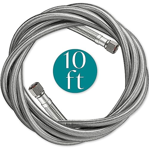 Refrigerator Water Line for Ice Maker Braided - 10' Pex Water Supply Lines Hose for Fridge Outlet Box with 1/4 Comp Fitting