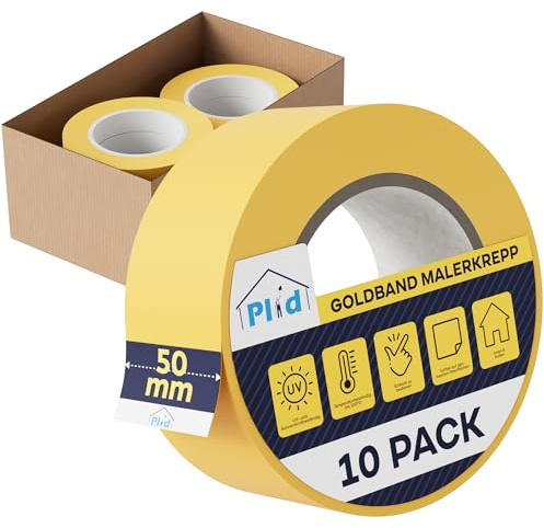 Plid Goldband Malerkrepp – 10 Rollen - 50 mm × 50 m – Malerklebeband | Kreppband | Abklebeband | Für Wand, Holz, Metall, Putz & Glas | Präzise Farbkanten | Innen & Außen