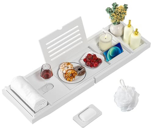 EXABANG Bandeja de Baño, Tabla Bañera de Bambú Ajustable, 75-109 * 23 * 4,5cm, se Adapta a la Mayoría de Bañeras, Accesorios baño Madera para iPad, Libros, Teléfono, Vidrio (Blanco)