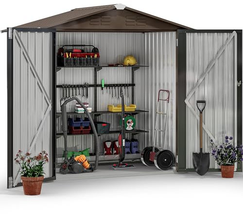 YITAHOME 6 x 4FT Garden Shed, Lockable Galvanized Metal Outdoor Storage Sheds Waterproof Garden Storage Shed Box with 4 Ventilation Slots for Bike, Tool, Lawnmower, Brown, 171 x 118 x 184cm