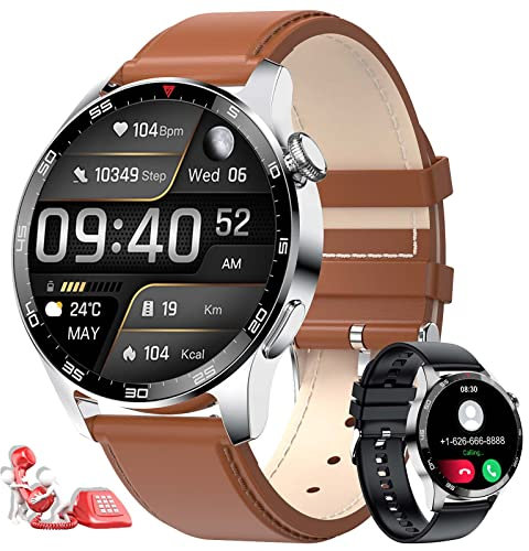 LIGE Smartwatch Herren mit Telefonfunktion,1.43 Zoll AMOLED Voll Touchscreen Armbanduhr Herren mit 120+ Sportmodi IP68 Wasserdicht Aktivitätstracker,Herzfrequenz/SpO2/Überwachung 400mah Braun Leder
