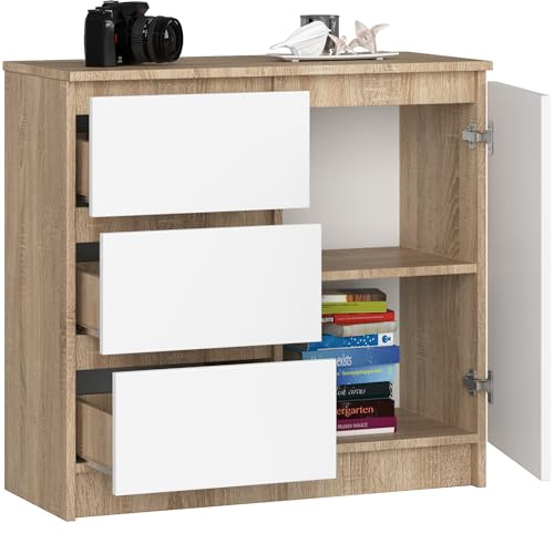 BDW - Kommode mit 3 Schubladen und 1 Tür - 80 cm breit, 77 cm hoch - Schrank, Sideboard, Mehrzweck-, Schuhschrank, Schubladenkommode, Aktenschrank - Wohn-, Schlafzimmer, Flur - Eiche Sonoma/Weiss