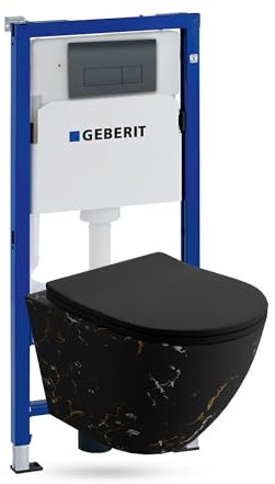 Lavita Duofix Basic Vorwandelement + Wand Tiefspül WC Sofi Slim Fire Spülrandlos + WC Sitz + Bedienplatte Delta 25 Schwarzer Knopf Komplettset Unterputz Spülkasten Toilette Komplett Sett WC