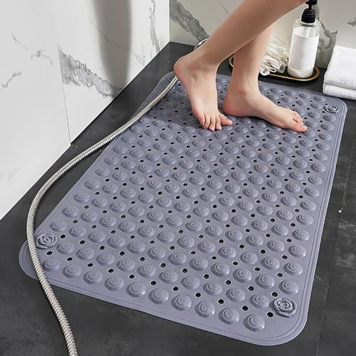 ZAHDMA Duschmatte rutschfest 80x50cm,Antirutschmatte Dusche aus PVC,Grau | mit Saugnäpfen,mit Ablauflöchern,Rechteckig