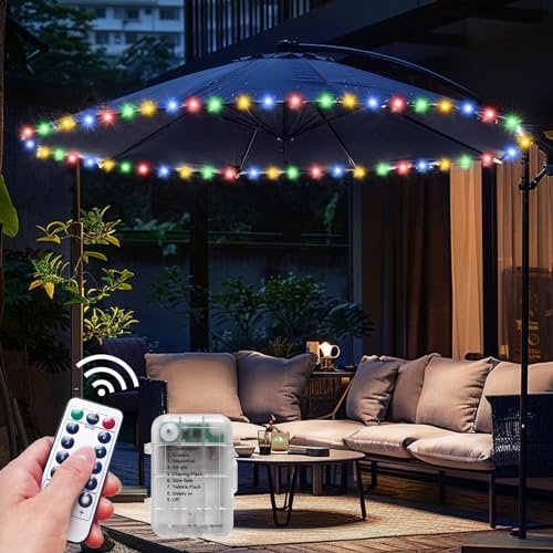 Patio Umbrella Lights Cordless LED Market Table Umbrella Lights with Remote Control Battery Operated Waterproof Parasol String Lights, Fits 6-11 Feet Diameter Outdoor Umbrella Décor (Multi-Colored)