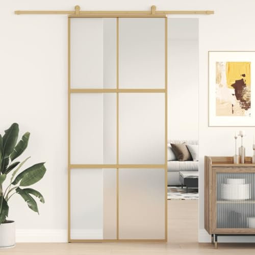 Festnight Glasschiebetür Schiebetür Glasstür Schiebetürbeschlag Zimmertür Innentür Schiebetür Innentüren Schwebetüren 90 x 205 cm Golden#3
