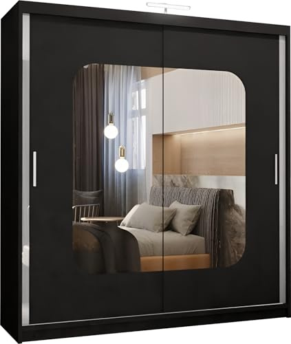 FURNITUREWAVE Alfa Sliding Door Wardrobe with Shelves & Hanging Rails White, Black, Grey & Oak Modern Furniture for Bedroom (120cm/150cm/180cm/203cm) (Black, 203cm)