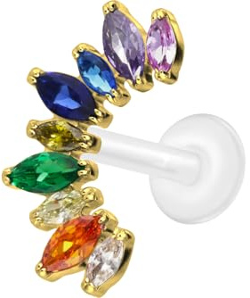 PIERCINGLINE PTFE Labret mit Gewinde + Titan-Aufsatz BUNTER KRISTALLBOGEN Piercing Lippe Nase Ohr Helix Goldfarben 1,2 x 5 mm