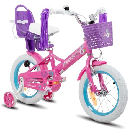 JOYSTAR Stitch Daisy 14 tum barncykel för 3–5 år flickor. 14 tums hjul flickcykel med docksäte och cykelstreamers & stabilisatorer, lila