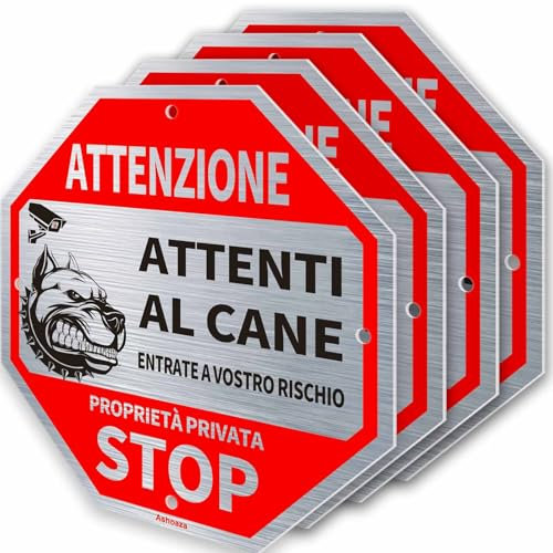 Ashoaza Cuidado con el perro cartel aluminio, 4 propiedades privadas carteles, atención al perro, letreros de metal cepillado, área de videovigilancia, señal de prohibición de acceso (20 x 20 cm)