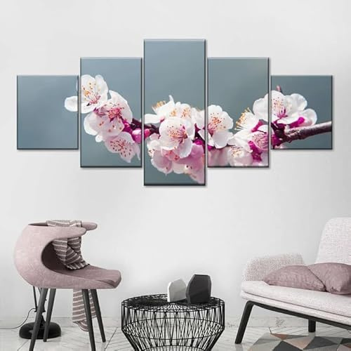 QYYAMDEQ Tableau Salon Moderne 5 Panneau Poster Mural Jolies fleurs de cerisier japonais Imprimée Sur Tableau Cuisine D'Œuvres D'Art Pour Le Bureau À Domicile Décoration Moderne