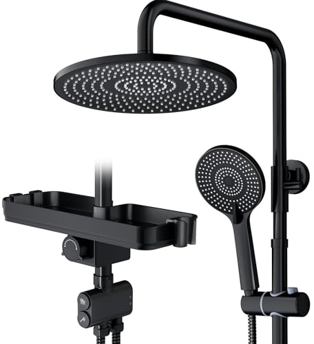 Duschsystem mit Ablage Schwarz, 25x25cm Regendusche, Umschalter aus Messing | Rainsworth 10 Zoll Duschsäule Duschset für Dusche ohne Armatur, Handbrause mit 3 Strahlarten, Rund