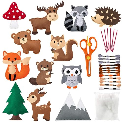 Celestia 12 Stück Nähset Kinder ab 10 Jahre Waldtiere Filz Bastelset | Nähen Kinder Filztiere Basteln Sticken Ohne Nadel, DIY Filzset mit Stickgarn Plastiknadeln Füllwatte, Tierformen Stickset