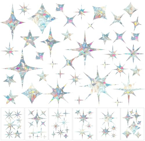 6 Sheets Anti Collision Window Stickers, Rainbow Reflective Decals Clings Film to Deterrent Prevent Label Colorful Prism Pattern for Preventing Bird Strikes(Star)