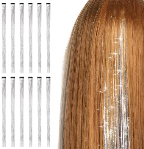 Bighan 12 Stück Glitzer Haarsträhnen Einklipsen, Tinsel Hair Clip-in-Extension Zum Einflechten Haartei, Hitzebeständiges Haarlammetta Buntes Tinsel Haare Extension 19,69 Zoll Haarsträhnen - Silber