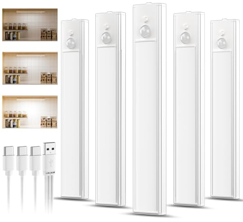 daphomeu 5 Pack Rechargeable Under Cupboard Kitchen Lights, Dimmable Cabinet Light Type-C Charging, LED Motion Sensor Lights Indoor, Magnetic Stick Wireless Light for Shelf Stairs Wardrobe Closet