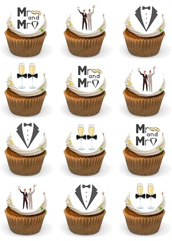Mr and Mr Wedding Stag Do Edible Cupcake Toppers 24 Precut Wafer Card