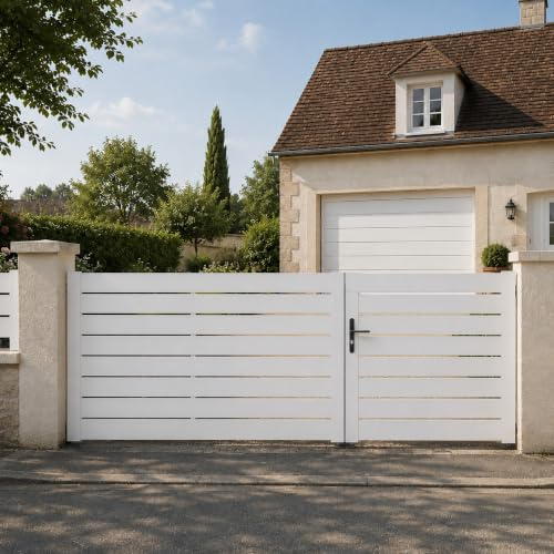 Gefradis Portail battant Manuel PVC Blanc Structure renforcée Largeur 250 cm x Hauteur 140 cm ajouré Lyon