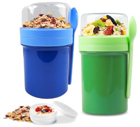 Occupaternm 2 Stück Müslibecher to Go, Joghurtbecher to Go Mit Löffel, 450ml+350ml Blau und 550ml+350ml Grün, Müsli Becher to Go für Müsli & Joghurt, Auslaufsicher Müsli Cup Becher (Blau)