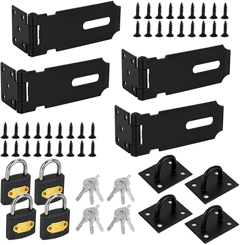 YKUKIZEE 4PCS 4Inch Door Padlock Hasp and Staple with Lock Stainless Steel | Black Shed Lock Hasp Gate Lock Latch, for Window Cabinet Drawer