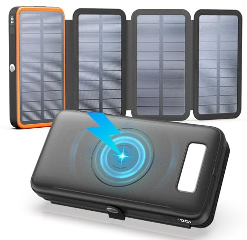 Paloceru Solar Charger Power Bank - 27000mAh Portable Charger 4 Foldable Panels, 22.5W Fast Charging External Battery Pack Wireless Outdoor Chargers with LED Display & Flashlight for Phone