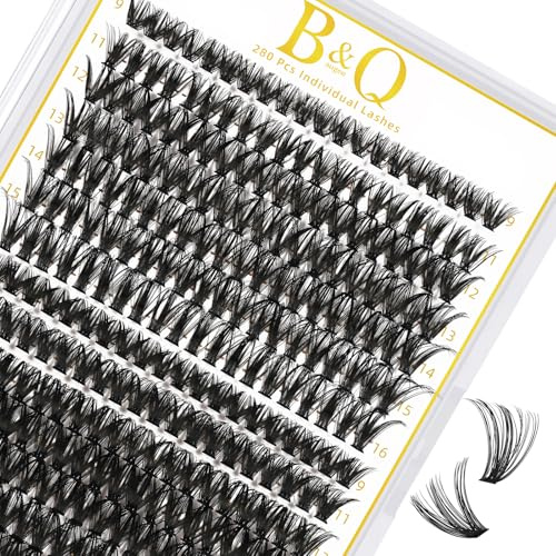 B&Q Wimpern Cluster 280PCS Einzelne Wimpern 40D+50D C-Curl 9-16mm | DIY Wimpern Extensions Wispy Look Ultradünnes Band Natürliches Finish Verschiedene Längen Einfaches Anbringen