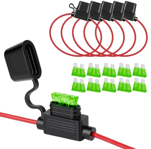 URAQT 5 Pezzi 32V Portafusibili lmpermeabile, 12AWG Portafusibile In-Line, Portafusibile di Standard Lame con Tappo, con Fusibile a Lama Media 10Pezzi 30A, Portafusibili impermeabile per Auto, Barca