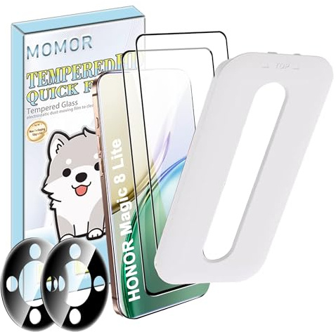 zZjoOoj Protector de Pantalla para Honor Magic 8 Lite,[Eliminación automática de polvo] 2 Piezas Cristal Templado y 2 Piezas Protector de Lente de Cámara,HD Clara