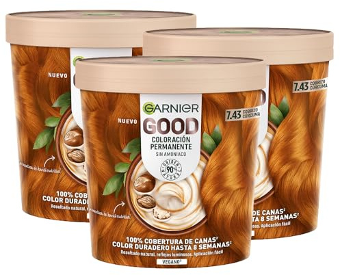 Garnier Good Pack 3 7.43 Rubio Cobriz Cúrcum Sin Amoniaco | Coloración Permanente, Enriquecida con Aceite de Oliva, Sin Amoniaco, 90% Origen Natural, Garnier Good